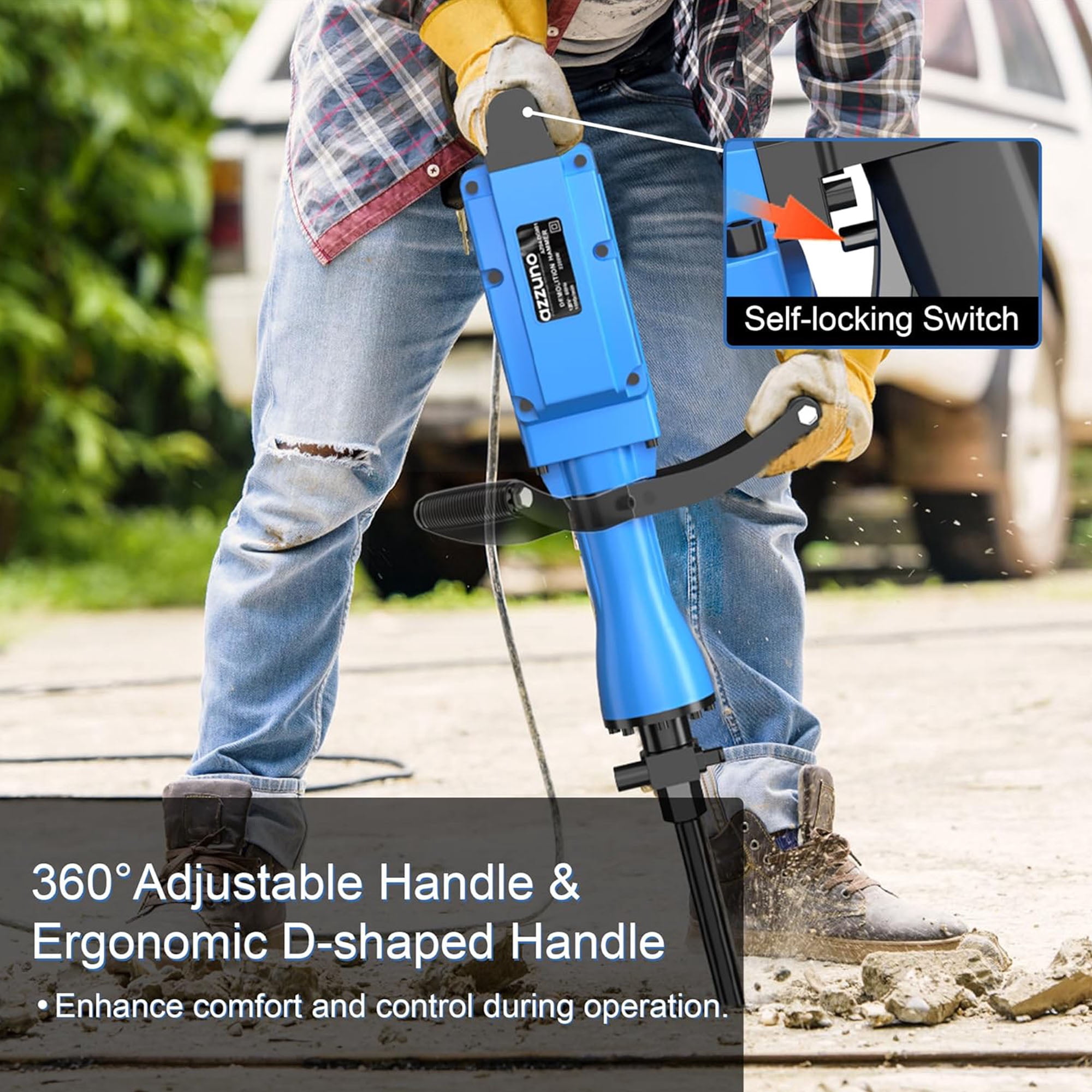 AZZUNO Demolition Jack Hammer Concrete Breaker 2200W Electric Hammer 2 Chisel Bit Chipping & Case