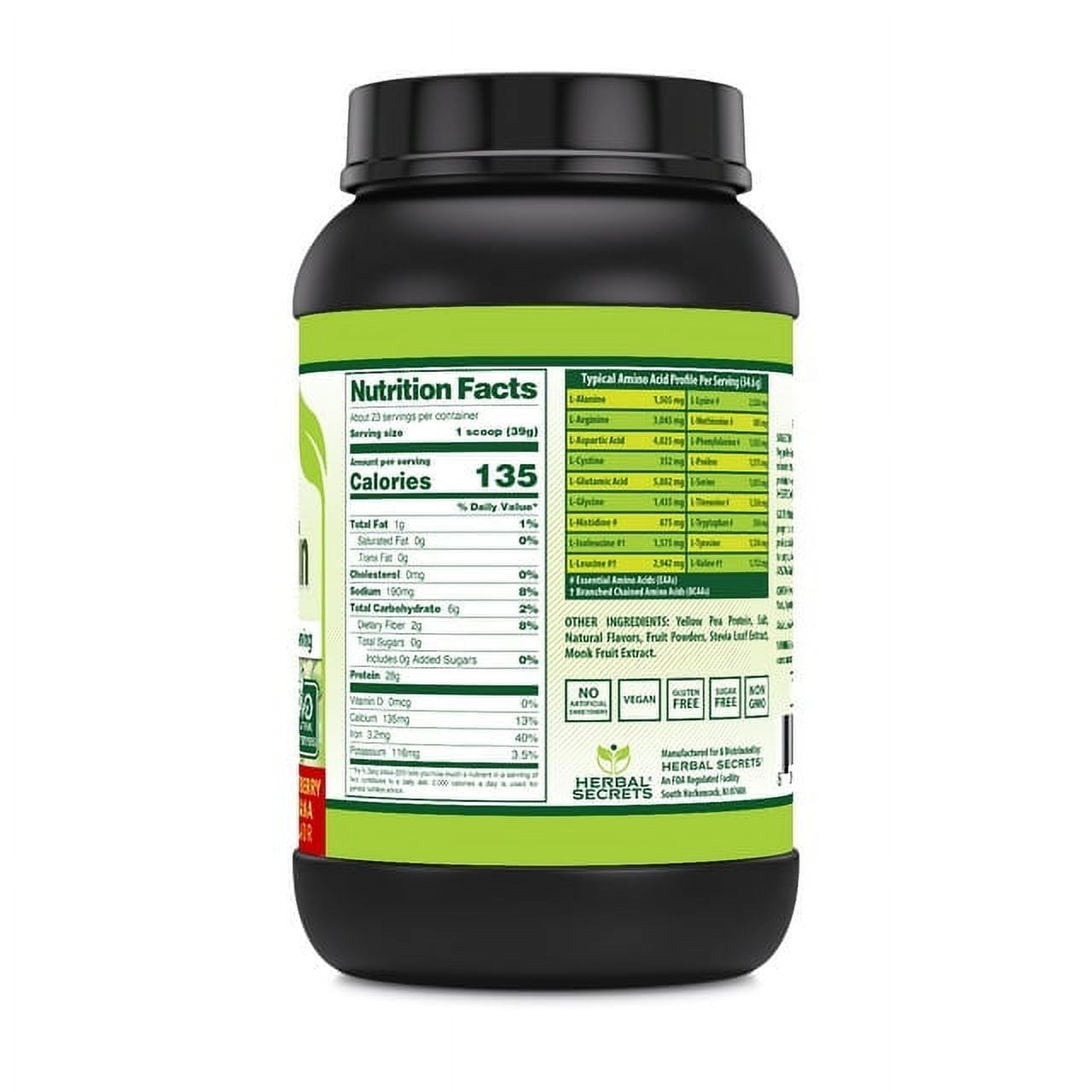Herbal Secrets Vegan Protein Powder 2 Lbs Supplement | Strawberry Banana Flavor | 39 Gram per Serving | 23 Servings | Vegan | Made in USA