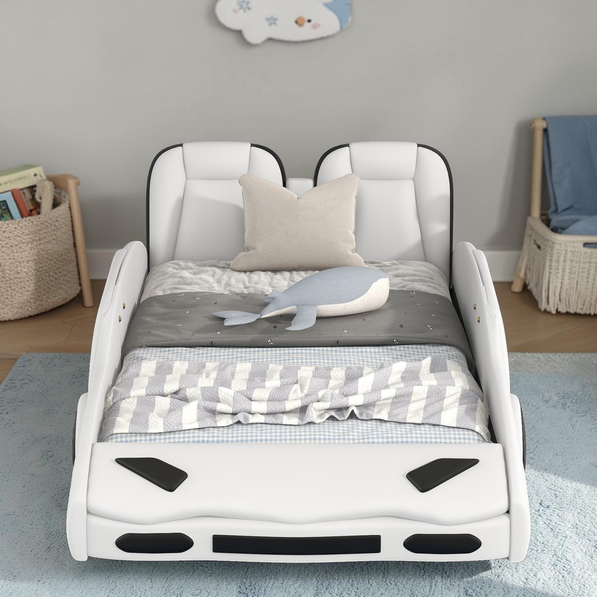Tcbosik Twin Size Race Car-Shaped Platform Bed, Faux Leather Upholstered Bed Frame, Wood Slats Support, Easy Assembly, White