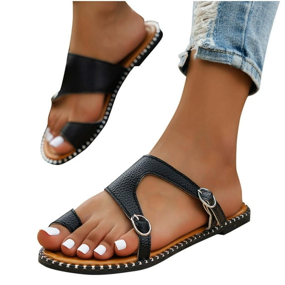 LOVZFMLL Flat Sandals for Women Summer Casual Toe Loop Slippers Open Toe Slip On Beach Slides for Outdoor Comfort Walking Black 6.5