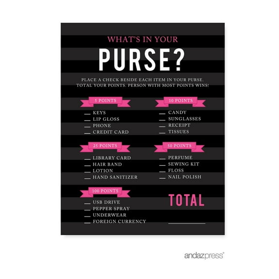 What's In Your Purse?  Modern Black and White Stripes Wedding Bridal Shower Game Cards, 20-Pack