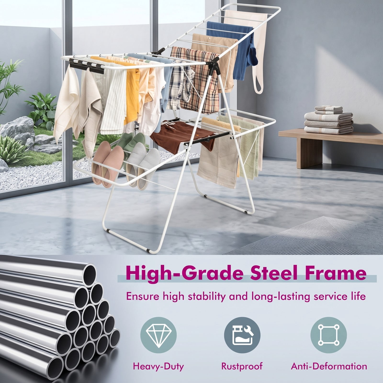 Fenbeli 2-Tier Foldable Clothes Drying Rack, Collapsible Steel Laundry Drying Rack with Adjustable Gullwing Wings for Indoor Outdoor Balcony, Space-Saving, White Black