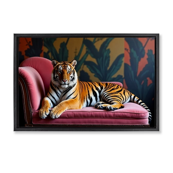 Exotic Tiger Lounging Black Framed Floater Canvas Wall Art, design by Lettered and Lined