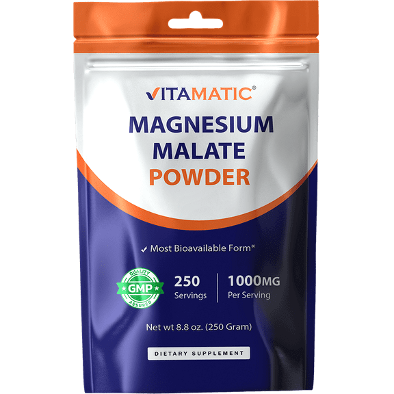 Vitamatic Magnesium Malate 1000mg per Serving Supports Muscle, Joint, and Heart Health 250 Grams - 250 Servings