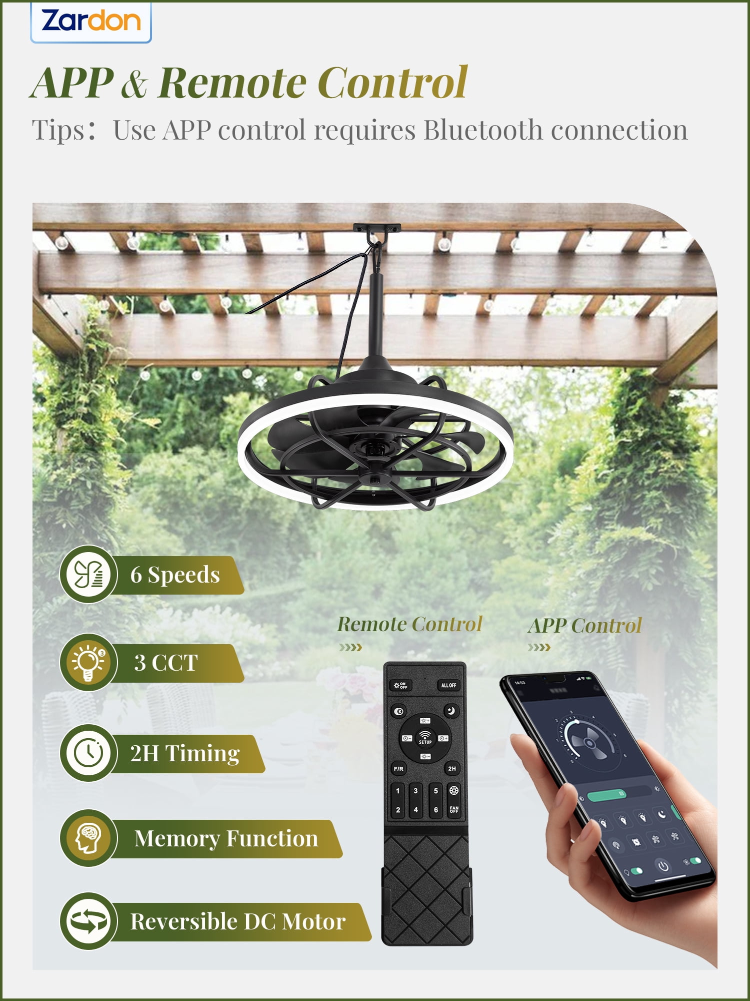 Zardon 20" Modern Outdoor Ceiling Fan with Light - Remote & App Control, 6 Speeds, 3 Color Temperatures for Patio, Entryway, Outdoor, Black