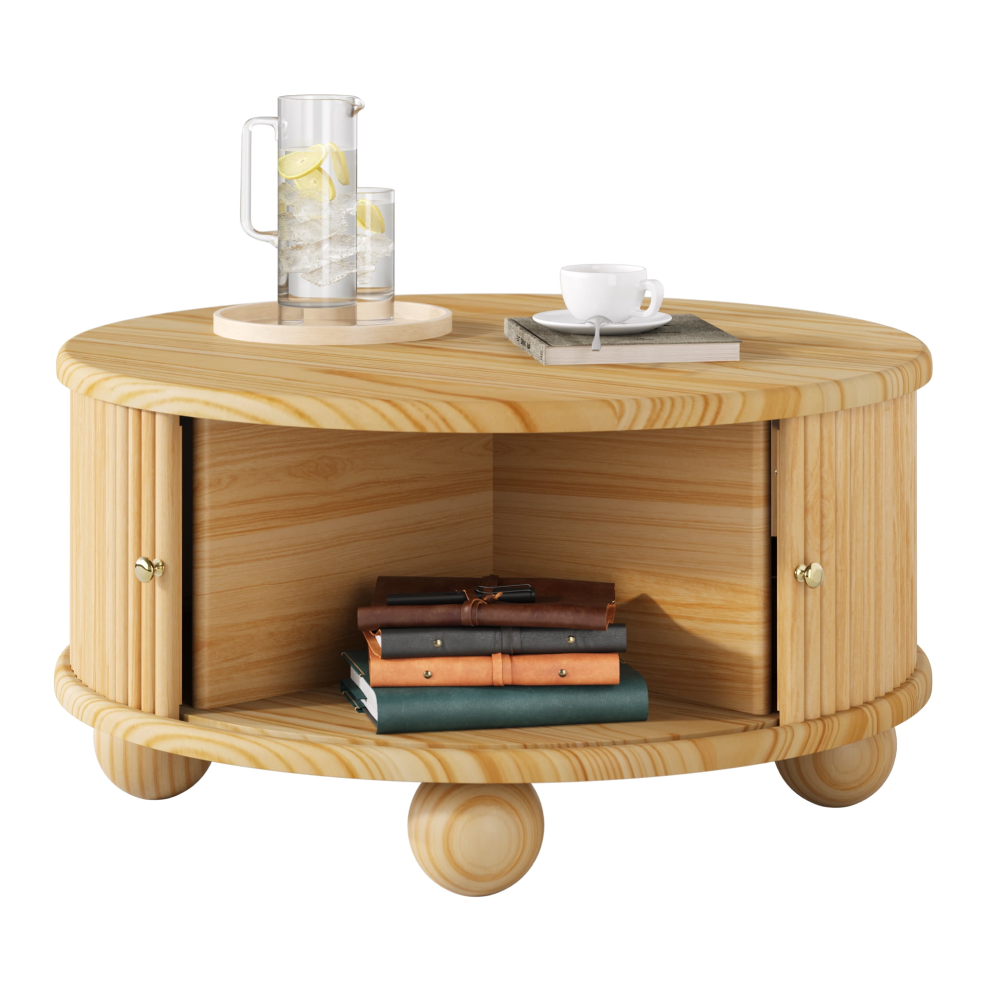 Homy Casa 31.8 in Round Fluted Wood Coffee Table with Storage Shelf for Living Room Natural Oak