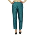 thumbnail image 2 of Phagun Women's Green Dupion Pants High Waist Narrow Bottom Trousers-Small, 2 of 7