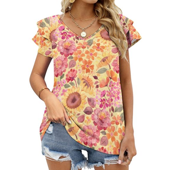 T-Shirt Women'S Happy Boho Sixties Floral Ruffle Short Sleeve Women Summer T Shirts V Neck Tee Tops Sixties 1960S 60S Floral Flowers