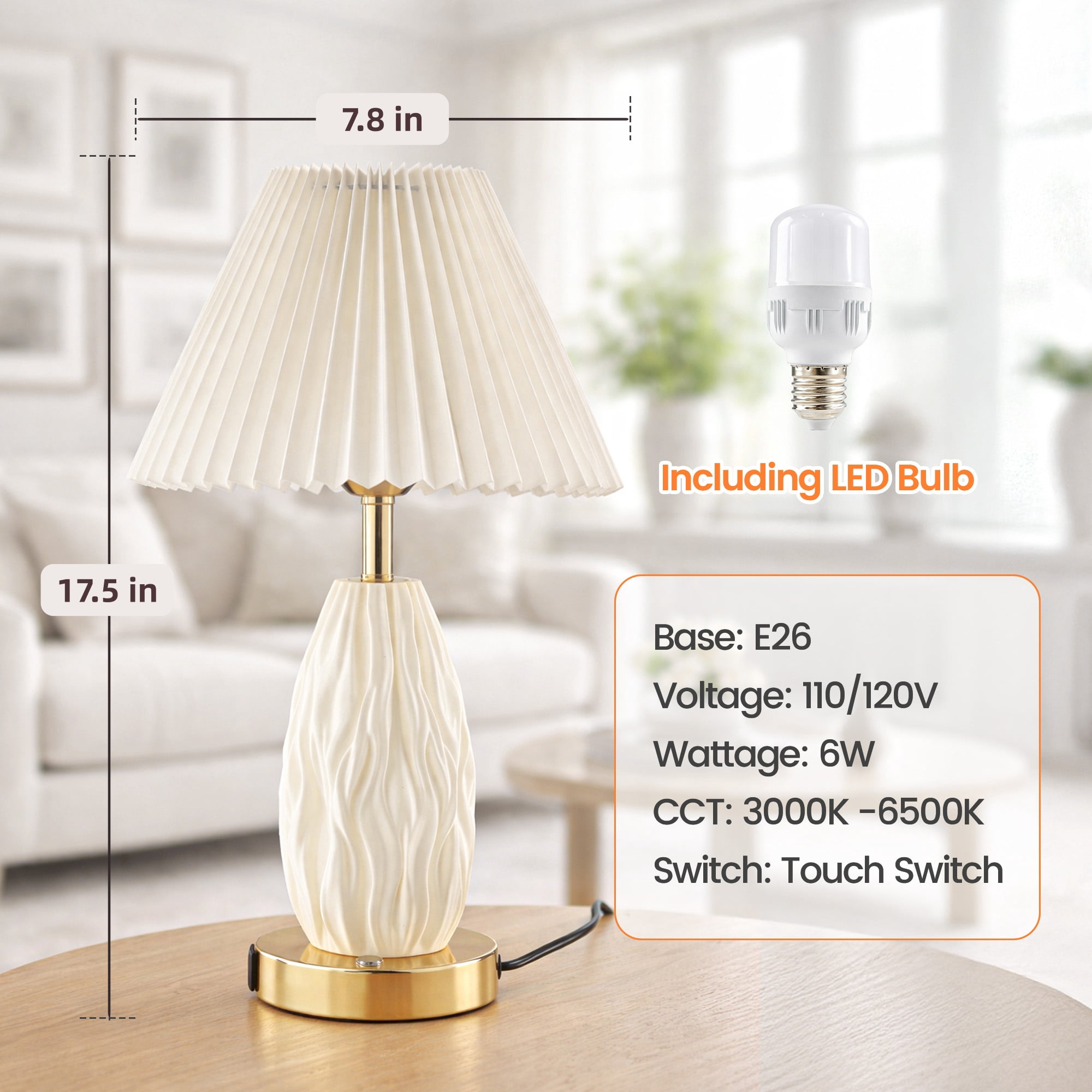 HadinEEon 17.5" Table Lamp with USB A&C Ports and Night Light, Touch Control 3 Way Dimmable Beside Lamp, for Bedroom Living Room Office, Beige