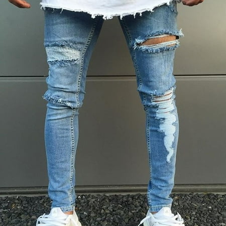 Men Skinny Slim Fit Straight Ripped Destroyed Distressed Knee Patch Pants (Best Jeans For Fat Knees)