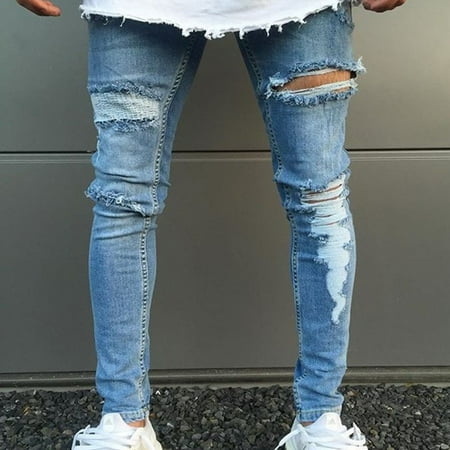 - Men Skinny Slim Fit Straight Ripped Destroyed Distressed Knee Patch Pants Jeans