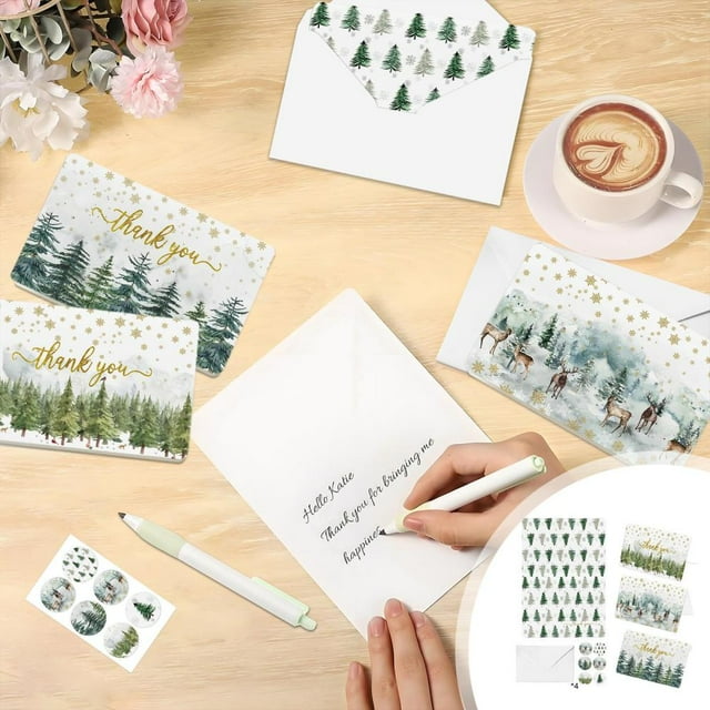 Feltree Snowflake Deer Christmas Cards, Handwritten Blank Greeting Card Set with Envelopes & Stickers, Rounded Fold Holiday Blessing Cards, Winter Forest Theme, 12 Cards & 24 Envelopes