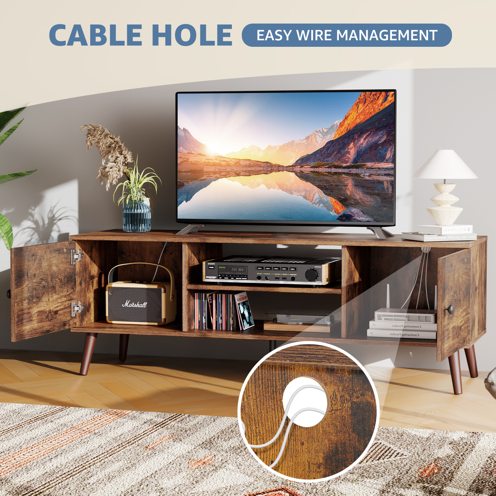 EDX Mid Century TV Stand for 55-60 Inch TVs, Brown photo 6