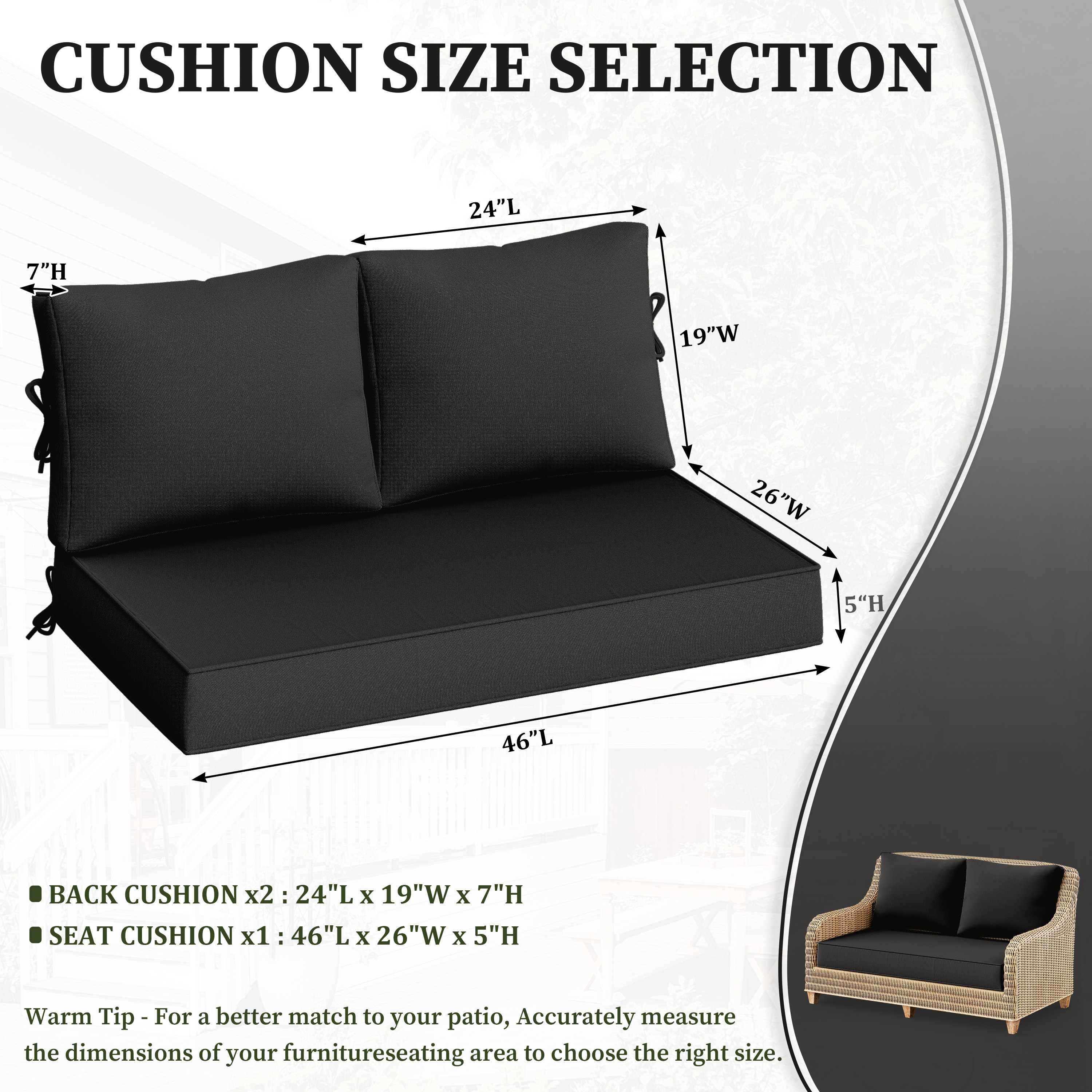 Pakunoda Outdoor Loveseat Cushion Set 46 x 26 Inch, Water Repellent, Fade Resistant, Patio Loveseat Replacement Cushions for Couch Bench and Swing, Black