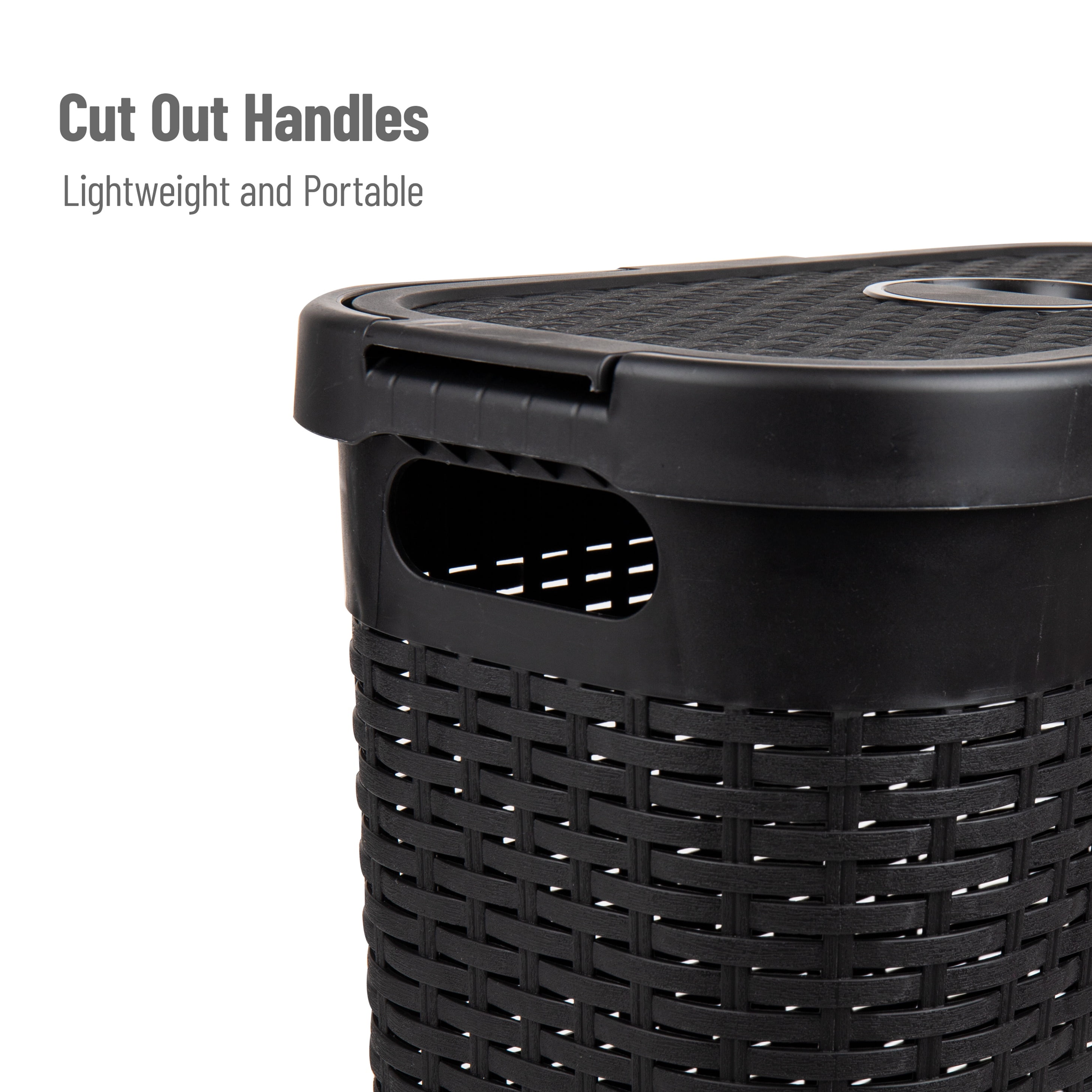 Mind Reader 40L Slim Laundry Hamper, Clothes Basket, Lid, Wicker Design, Plastic, 18"L x 10.4"W x 23.5"H, Set of 3, Black