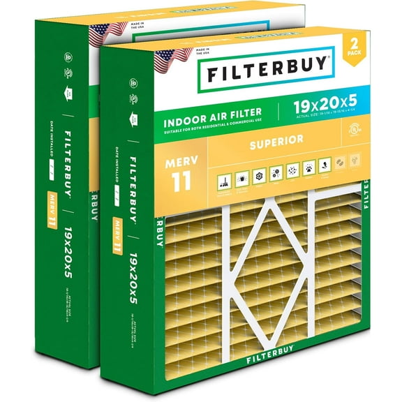 Filterbuy 19x20x5 Air Filter MERV 11 Allergy Defense, Pleated HVAC AC Furnace Filter Replacement for Bryant, Carrier & More, 2-Pack