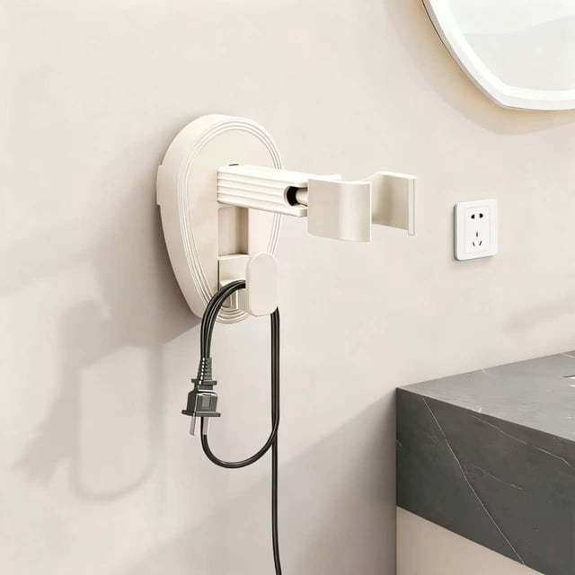 Soporte para secador de pelo montado en la pared, estantería manos libres con ventosa, soporte giratorio de 360° para secadores y accesorios, organizador para ahorrar espacio, beige/gris