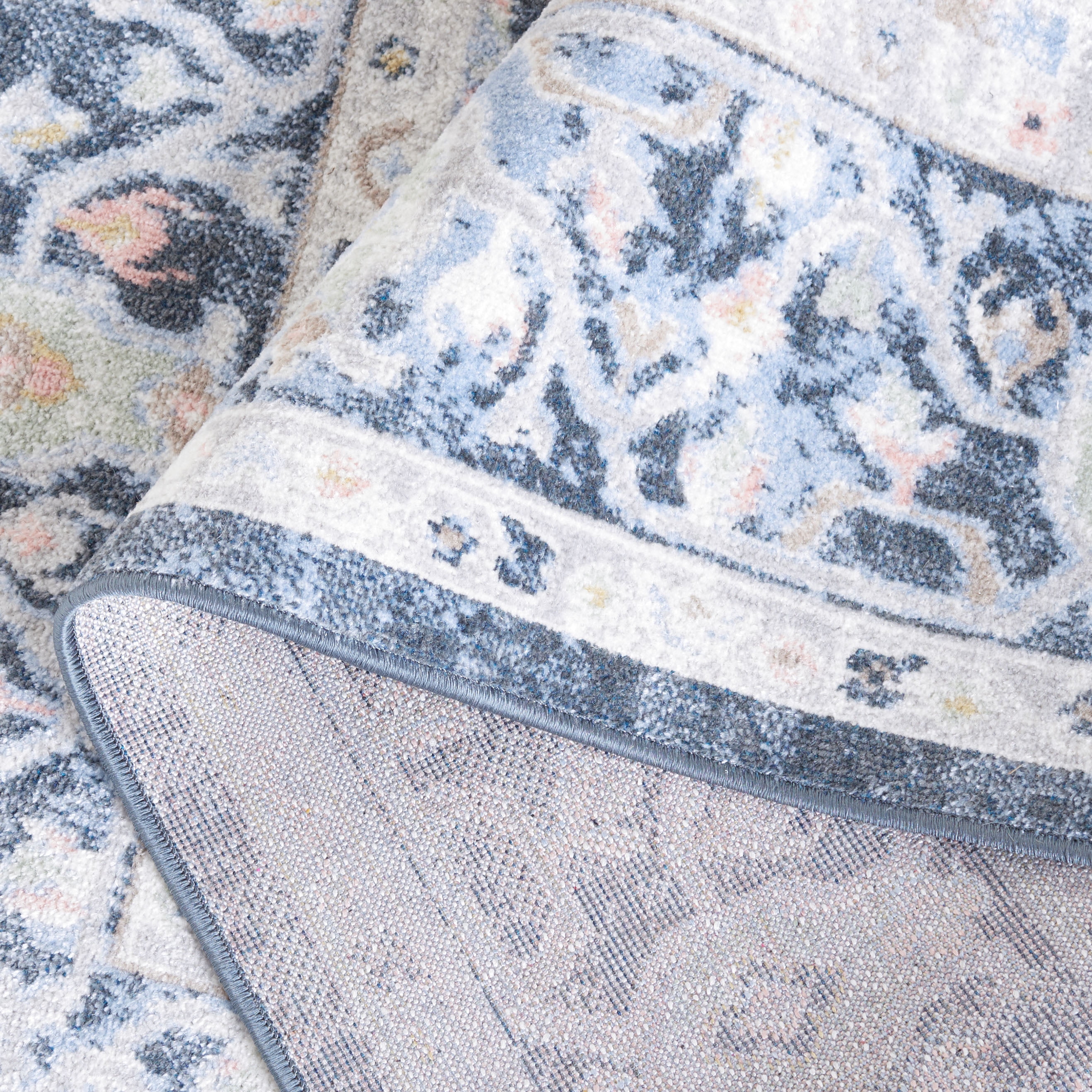 SAFAVIEH Bayside Alyx Oriental Polyester Machine Washable Area Rug, Blue/Ivory, 6'7" x 6'7" Round