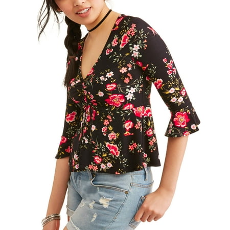 Tie Back Ruffle - Juniors' Printed Ruched Tie Front Ruffle Sleeve Blouse