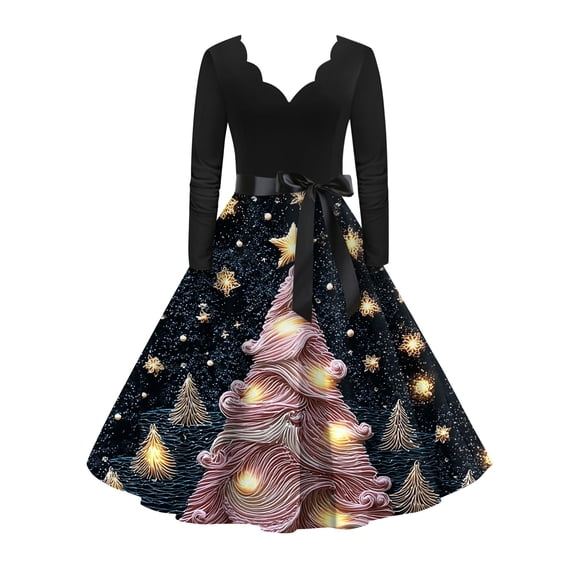 Women's Fashion Elegant Autumn and Winter Long Sleeve V-Neck Christmas Print Dress for Holiday Parties and Casual Wear, Stylish Women's Seasonal Dress,Pink,XL