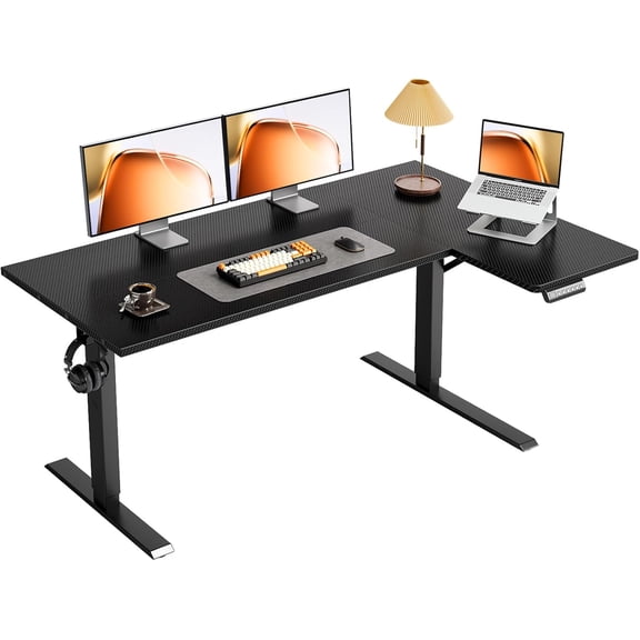 55" Reversible L Shaped Electric Standing Desk, Carbon Fiber Black | Corner Height Adjustable Computer Table, Stand Up Desk with 3 Memory Presets, Reinforced Frame for Home Office, Workstation