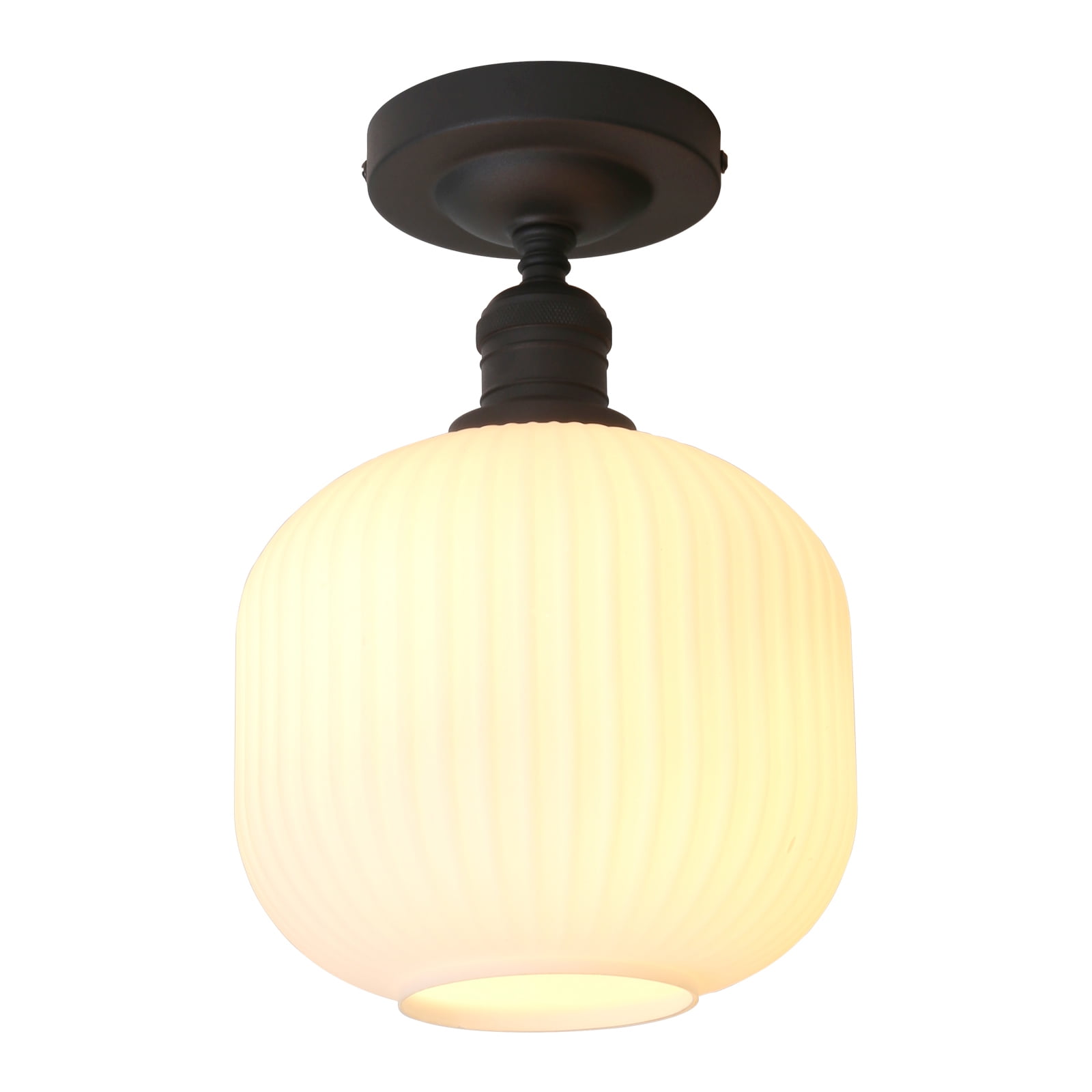 Pathson Industrial Semi Flush Mount Ceiling Light, Milky White Ribbed Glass Close to Ceiling Light for Living Room Dinning Room Kitchen Porch