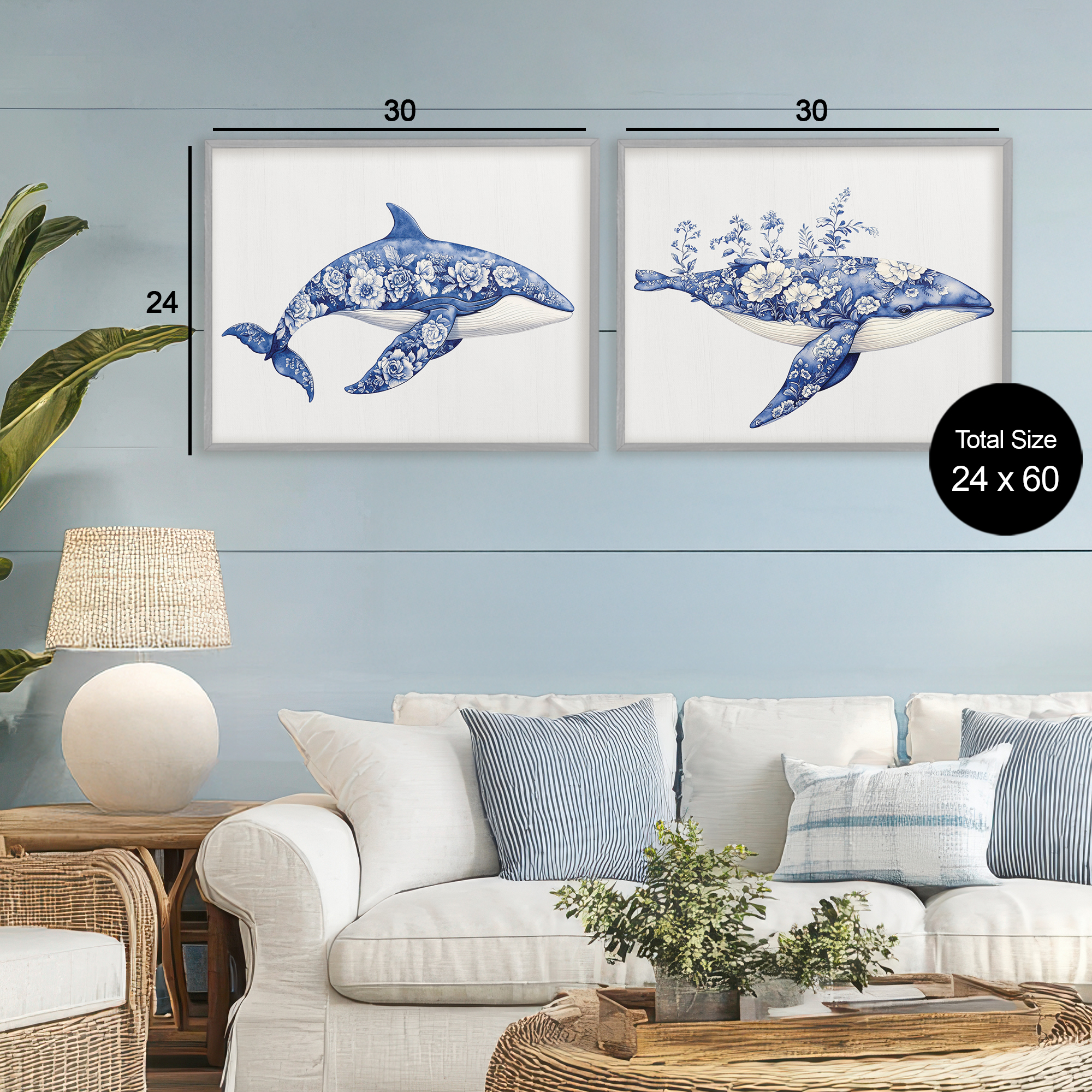 Blooming Toile Pattern Whales 2 Piece Gray Framed Giclee Art Set, design by Lettered and Lined