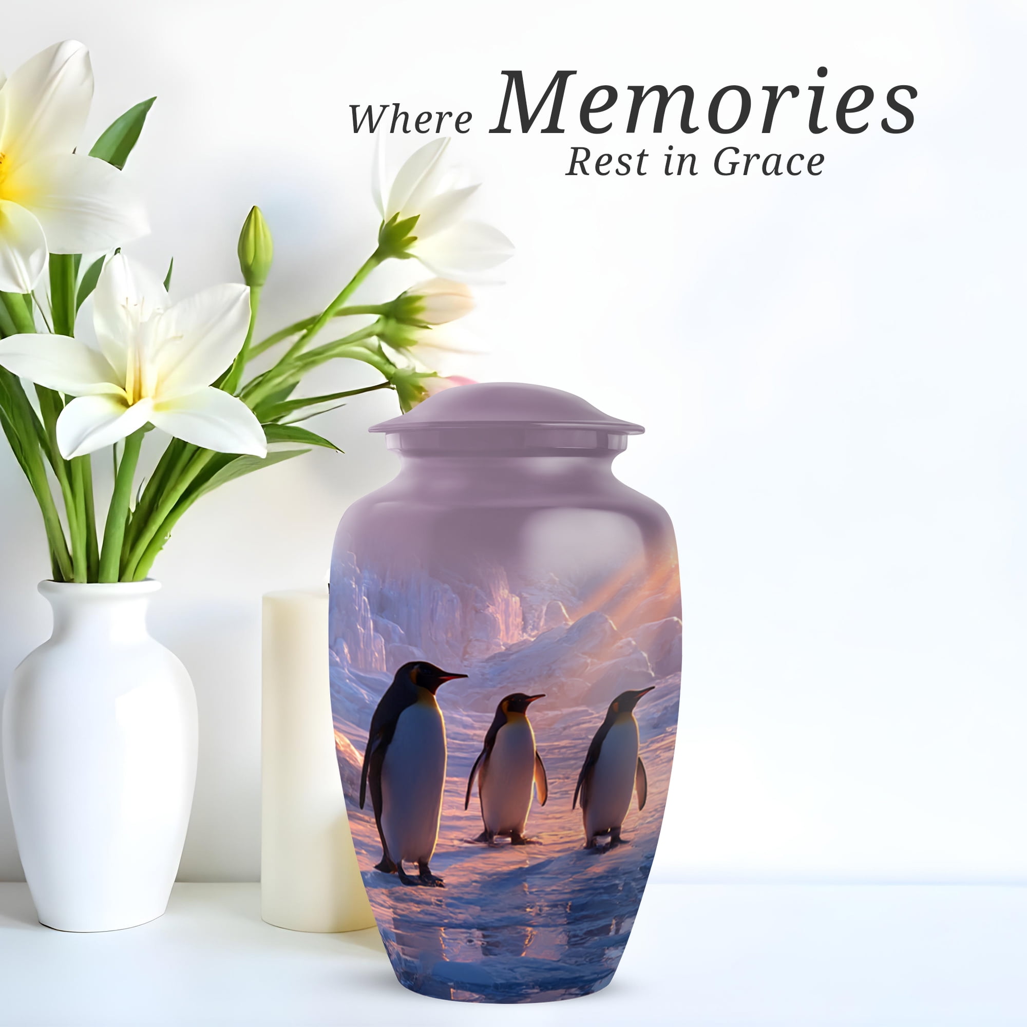 Penguins Large Decorative Urns For Men, Blue Urns For Men Ashes Adult Male, Memorial Cremation Urn For Human Ashes Adult Female, Funeral Urn For Mom And Dad, 10 Inch