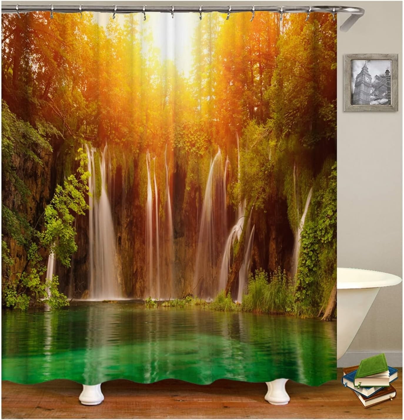 JOOCAR Fabric Shower Curtains Liner Washable, Waterfall and Tree