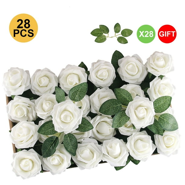White Artificial Flowers 28pcs Real Looking Ivory Foam Roses w/ Bendable Stem and Removable