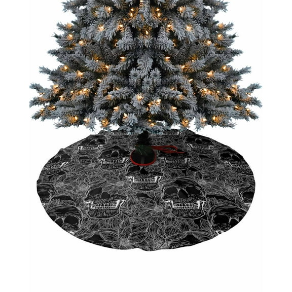 Halloween Christmas Tree Skirt 48 Inches Large Christmas Skirt Tree, Skull Floral Botanical Black White Tree Skirt Christmas Decorations for Fireplace Party Holidays Indoor Outdoor