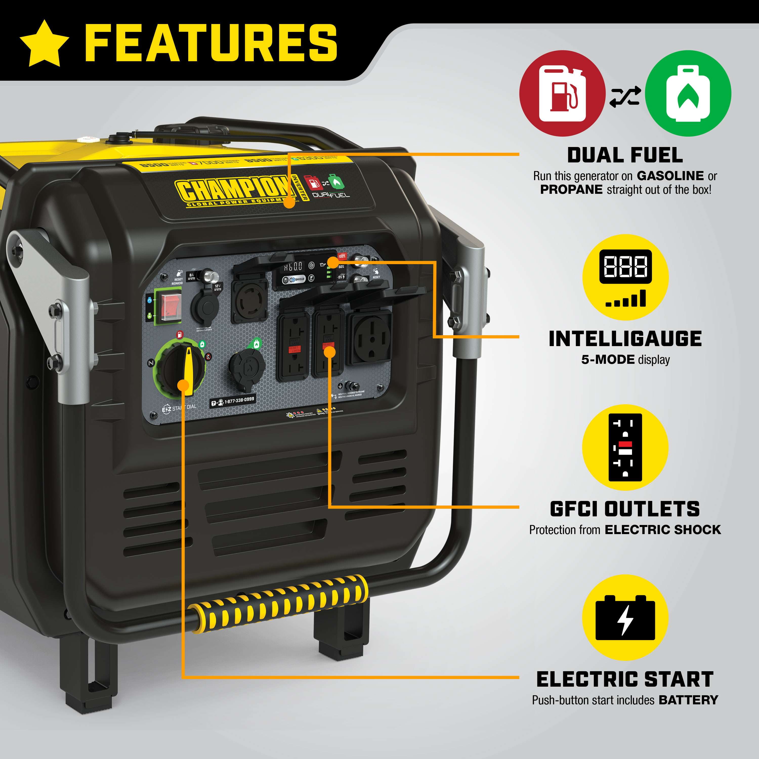 Champion 8500-Watt Electric Start Dual Fuel Home Backup Portable Inverter Generator with Quiet Technology and CO Shield®