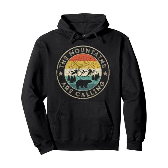 Retro The Mountains Are Calling Pullover Hoodie, Statement Hooded Sweatshirt with Pockets, Practical and Stylish