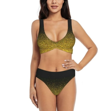 Zeuib Gold Glitter Gradient High Waisted Tummy Control Bikini Set - Knot Front Push Up Top & Cheeky Thong Bottom  Two-Piece Swimsuit for Women-Large