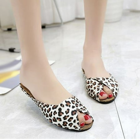 

HIBRO Women s Fashion Casual Fish Mouth Low Heels Leopard Square Heel Shoes Sandals