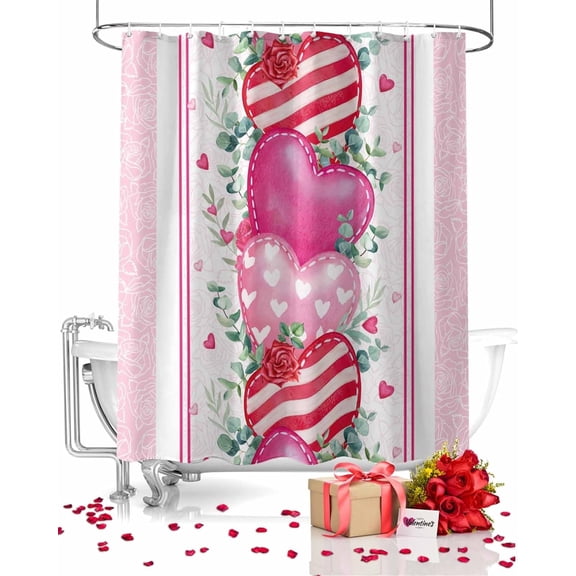 Valentines Day Pink Shower Curtains for Bathroom Heart Fabric Shower Curtain with Hooks, Eucalyptus Leaves Shower Curtain Set, Romantic Bathroom Curtains Decoration, Waterproof Polyester, 72"x84" Long