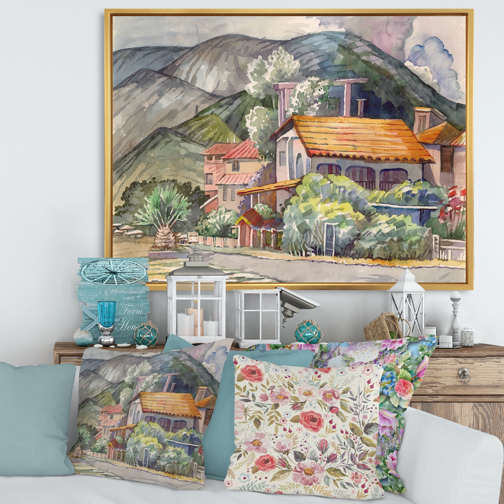 Designart 'Greek Mountains Landscape Off The Coast Of The Aegean Sea ' Traditional Framed Canvas Wall Art Print