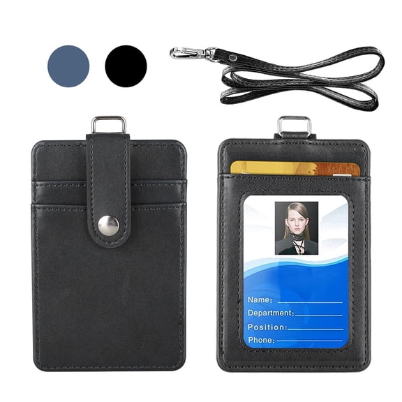 Badge Holder with Secure Snap Button,PU Leather ID Badge Card Holder Wallet with Neck Lanyard Strap,1 Front RFID Blocking Pocket,2 or 6 Card Slots Fit for Offices ID,School ID,Driver Licence