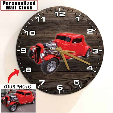Personalized Photo Hot Rod Wall Clock, 12” Wooden, Hot Rod decor, Hot Rod gift.