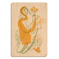 Figure Woman with Flowers - From an Original Watercolor Painting c.1940 - 8 x 12 inch Vintage Wood Art Sign