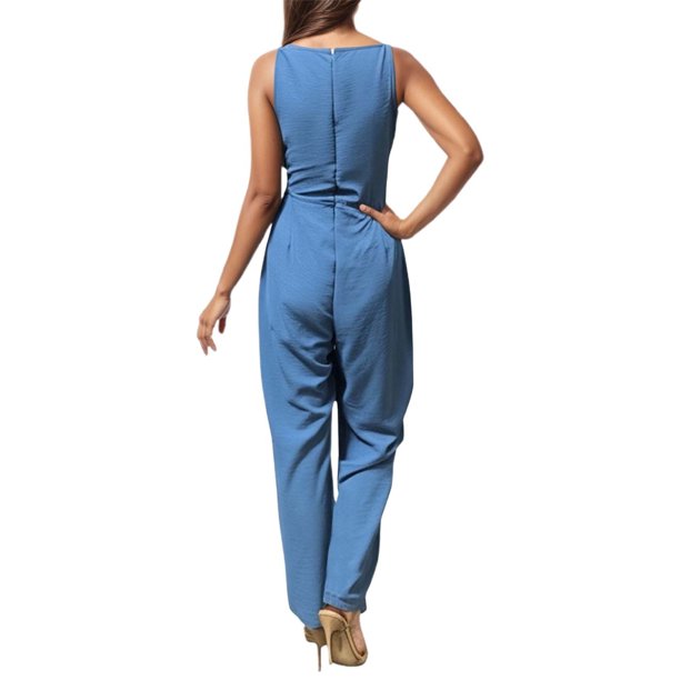 Mono sin mangas con cuello en V y pierna ancha para mujer - Mono con cintura ajustable para llevar en verano en ocasiones informales