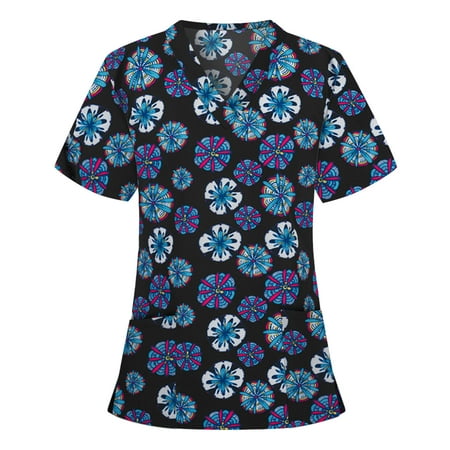

YZHM Nurses Uniforms Scrub Top for Women Floral Short Sleeve V-neck Tops Working Uniform Casual Blouse