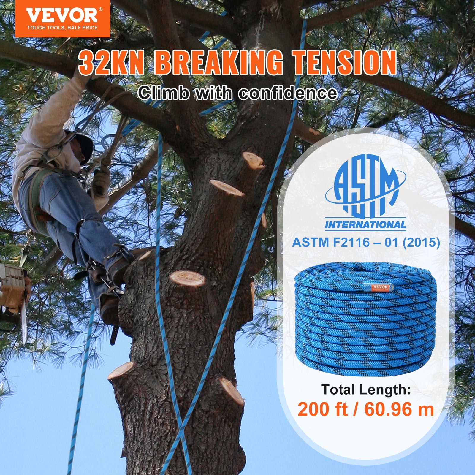 VEVOR 12.7mm Static Climbing Rope, 60.9M(200ft) Outdoor Rock Climbing Rope 30KN Breaking Tension, Fiber Rope for Escape, Rappelling, Fire Rescue, Blue