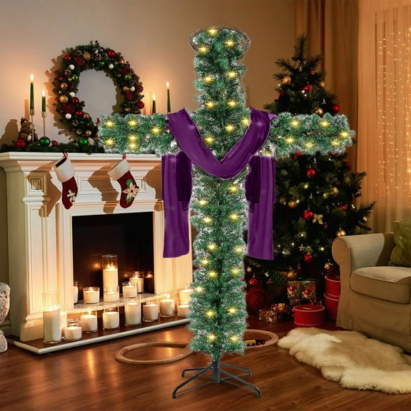 Christmas Cross Tree - 5FT Artificial Xmas Tree with Light and Silk Scarf, Foldable Cross Christmas Tree Ornaments, Foldable Xmas Tree for Indoor Outdoor Holiday Yard Decor