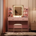 thumbnail image 1 of Makeup Vanity Desk Set with 3-Color LED Lighted Mirror and Power Outlet, 6 Storage Shelves and 2 Drawers, Cushioned Stool Included, Bedroom Dressing Table for Women,Pink, 1 of 6