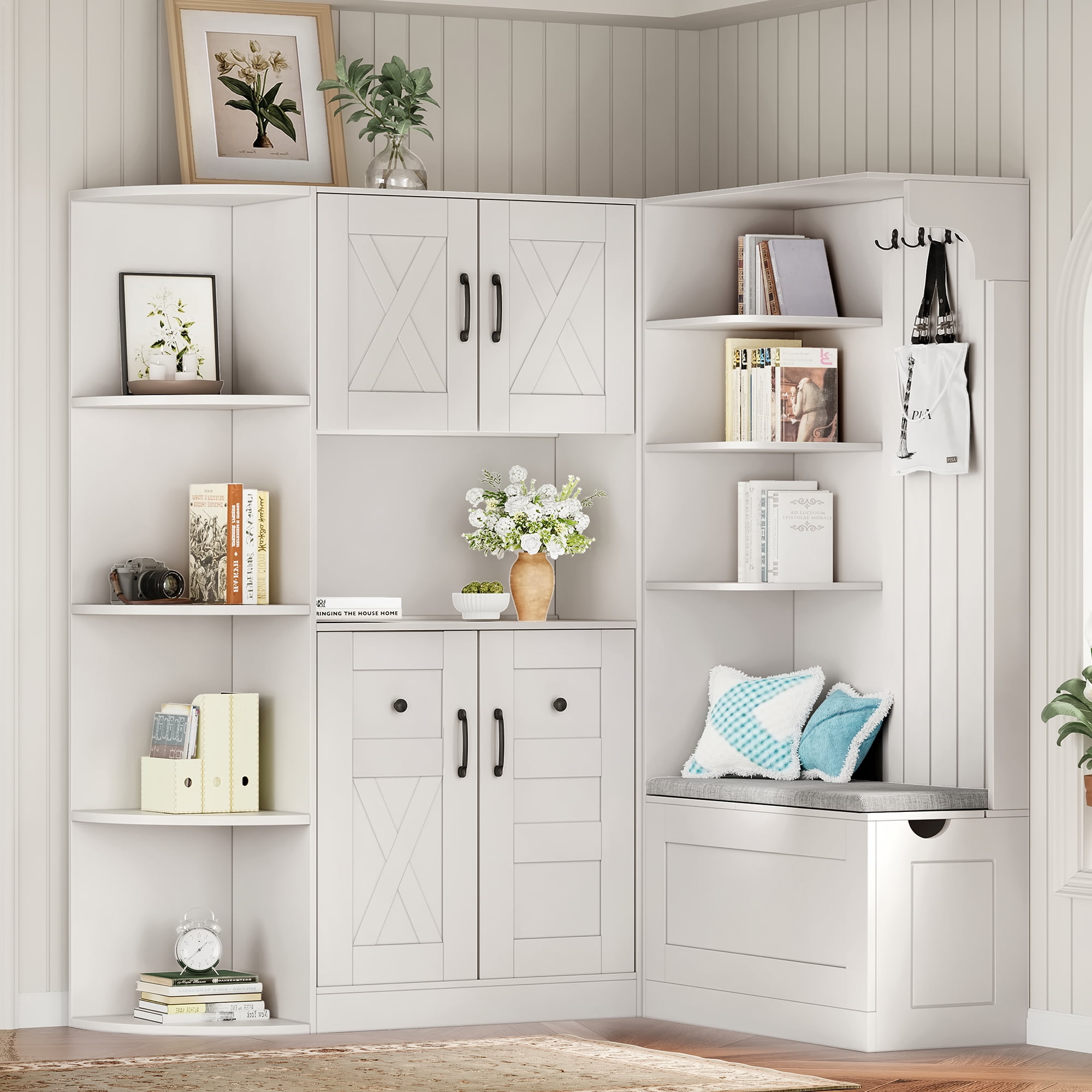 T-Foyer Farmhouse White Detachable Hall Tree with 4 Hooks & Bench, Wooden Rustic Entryway Organizer with Open Storage & 2 Cabinets