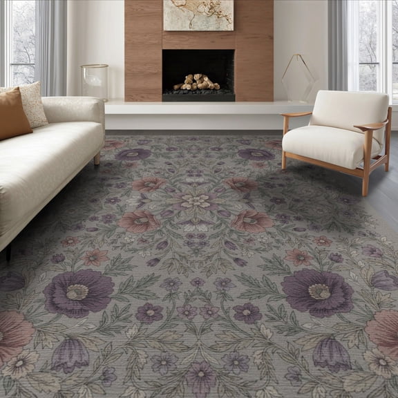 ODIKA 8'x10' Washable Area Rug Purple Motifs Boho Interlocking Vine Clusters Eggplant Bug Poppy for King Size Bedroom Under Bed, Master Suite, Non-Shedding, Easy Care