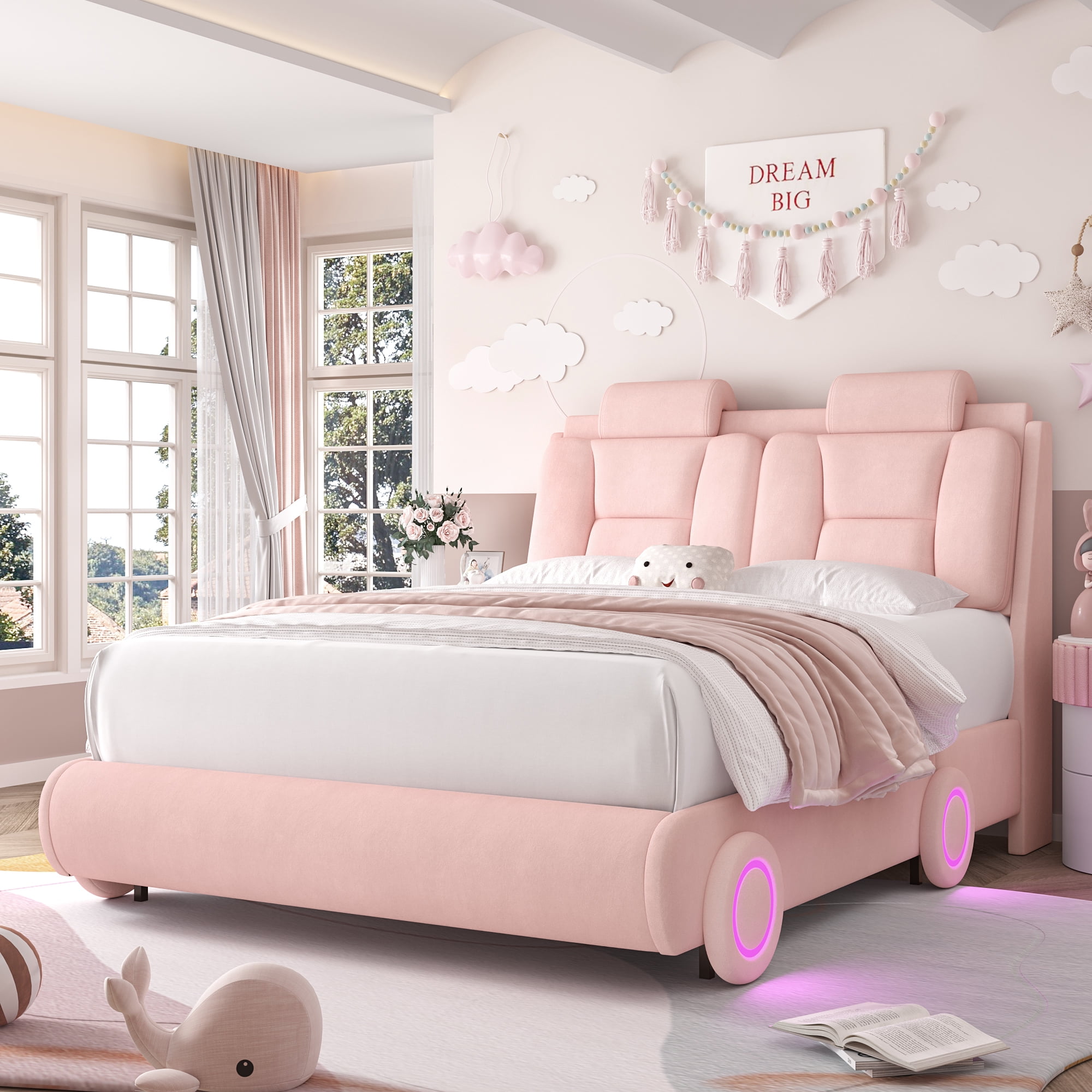 Homfa Full Size Car Bed Frame with LED Wheels, Velvet Upholstered Platform Bed with Adjustable Headboard and Removable Pillows, Pink