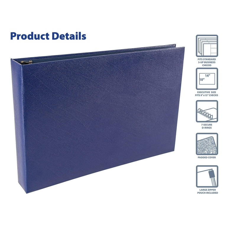7 Ring Executive Check Binder with Zipper Pouch Blue Textured Cover for 9 x 13 3 Per Page Business Checks 600 Check Capacity Checkbook Holder by