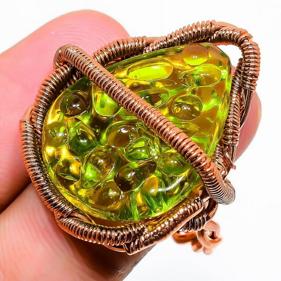 Natural Moldavite Quartz Gemstone Handmade Copper Wire Wrap Ring Size 9